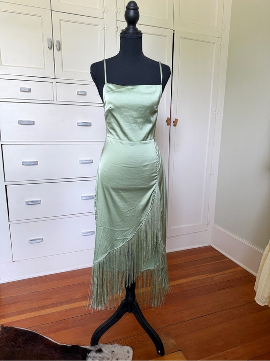 12th Tribe Dresses & Skirts - 12th Tribe Sage Green Fringe Midi Slip Dress